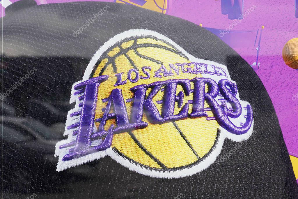 Bordeaux , Aquitaine France - 05 14 2021 :  Lakers los Angeles textile  brand logo and text sign of Basketball Team on caps