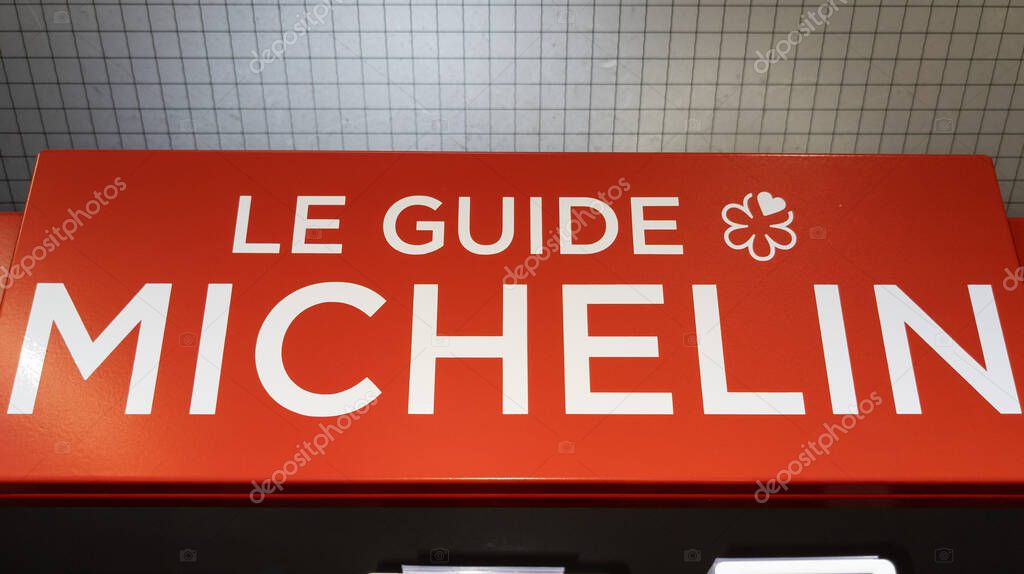 Bordeaux , Aquitaine France - 05 14 2021 : guide Michelin Star book text brand plate sign with logo for best french good Restaurant