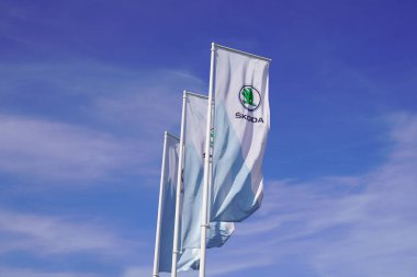 Bordeaux, Aquitaine France - 05: 18 2021: Çek otomobil üreticisi dükkanının rüzgar bayrağı üzerinde marka ve metin logosu
