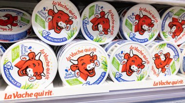 Bordeaux , Aquitaine France - 05 18 2021 : la vache qui rit logo text and sign cheese milk brand in supermarket laughing cow in french store