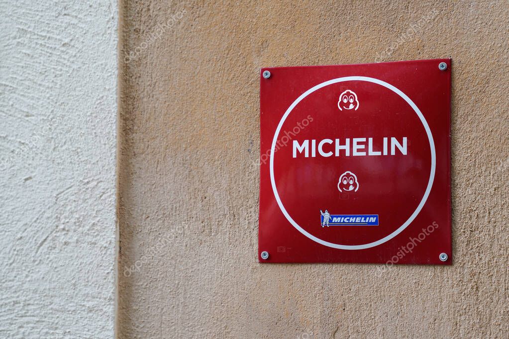 Bordeaux , Aquitaine France - 06 01 2021 : Michelin Star book Guide plate text sign with logo brand on good Restaurant Wall building