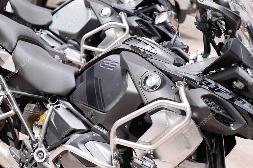 Sete , ocitanie France  - 06 30 2021 : BMW 1250 GS lc two motorcycle bike triple black color sign and text logo on side motorbike