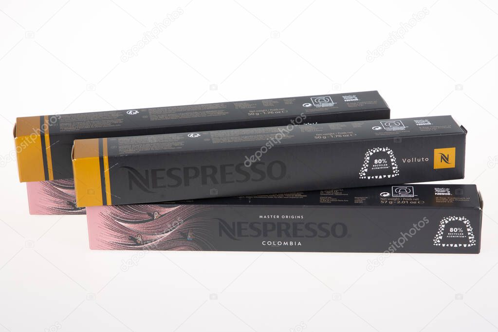 Bordeaux , Aquitaine France - 07 07 2021 : Nespresso doses closed box of coffee pod aluminum metal capsule cafe