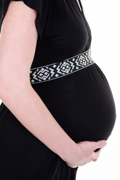 Pregnant Woman Side Profile Belly Dress Black View White Background — Stock Photo, Image