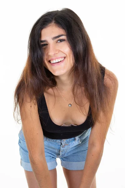 Mujer Joven Belleza Aislada Sobre Fondo Blanco Feliz Retrato Sonriente — Foto de Stock
