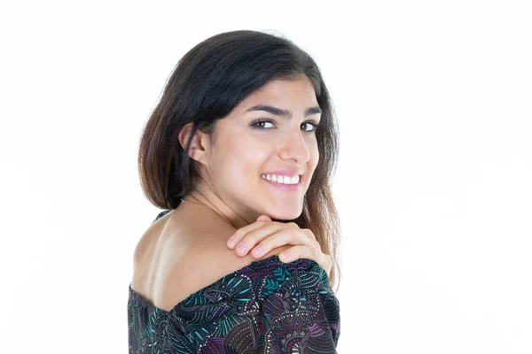 Retrato Nuevo Bastante Joven Feliz Mujer Sonriendo Espacio Copia Sobre — Foto de Stock