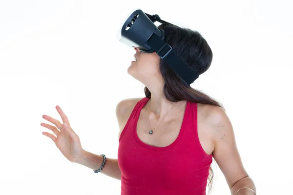 Счастливая Женщина Очках Виртуальной Реальности Гарнитура Изолированном Белом Фоне — стоковое фото