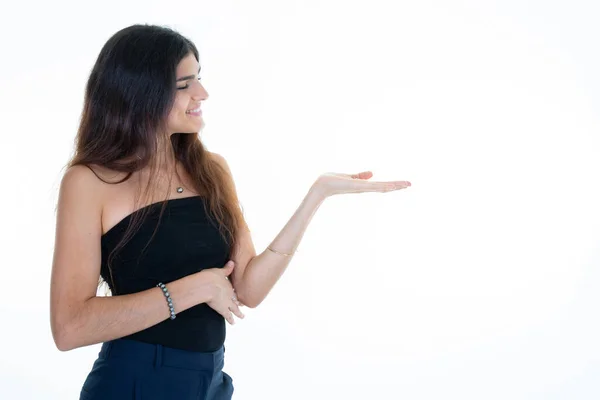 Perfil Mujer Presentando Palma Mano Apuntando Dedo Sobre Fondo Blanco — Foto de Stock