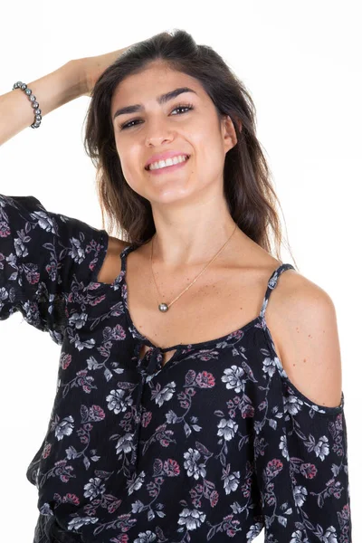 Bonito Beleza Morena Mulher Magro Retrato Mão Cabeça Cabelos Close — Fotografia de Stock