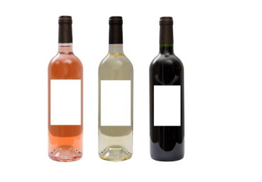 beyaz zemin üzerine beyaz, gül ve kırmızı şarap bottles.isolated kümesi