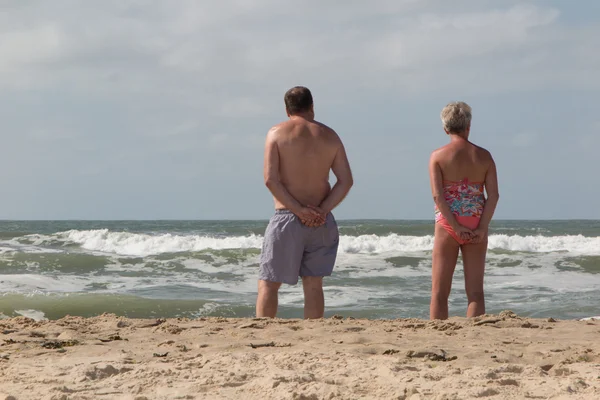 Indietro vista di coppia di anziani in spiaggia — Foto Stock