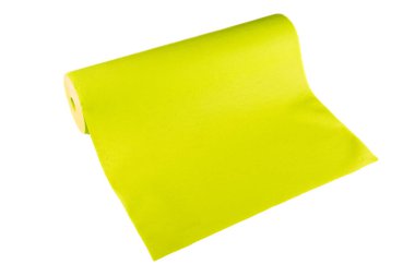 Beyaz zemin üzerinde sentetik kumaş veya kağıt rulo sarı malzeme yeşil masa örtüsü