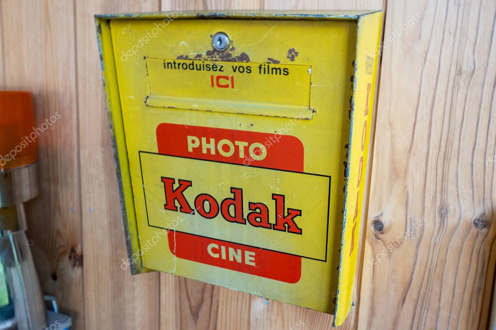 Bordeaux , France - 10 19 2025 : kodak photo cine logo brand and text sign metal street box for storing photo slide film photographer product old ancient french container unused metal can developer