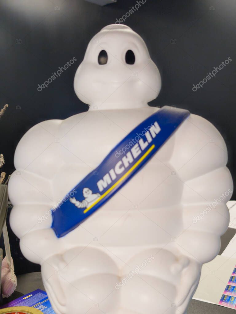 Bordeaux, France - 10 25 2025 : bibendum michelin sign brand and text logo french tyres car figurine white mascot