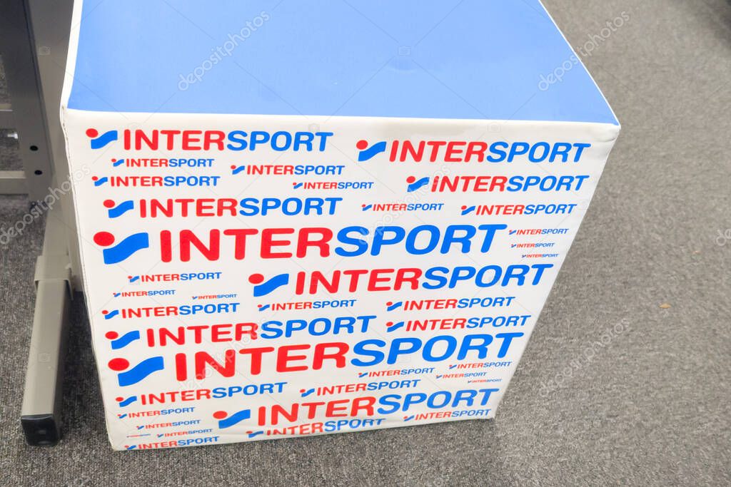 Bordeaux , france - 10 27 2025 : intersport sporty brand sign and text logo chain on advertising seat sport store international shop sporting goods retailer