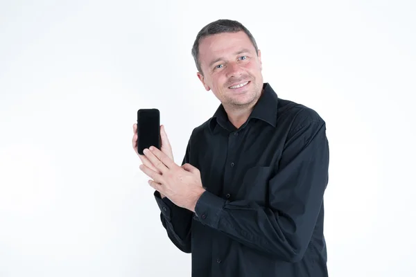 Vrolijke man weergegeven: mobiele telefoon — Stockfoto