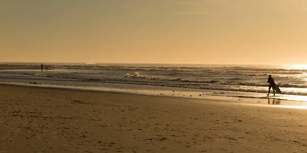 해변을 따라 산책 하는 서퍼로 아름 다운 바다 경치 — 스톡 사진