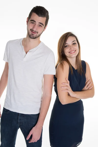 Retrato de pareja feliz aislada. Atractivo hombre y mujer siendo juguetón . — Foto de Stock