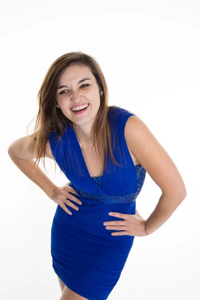 Bonito jovem mulher no azul vestido no branco — Fotografia de Stock