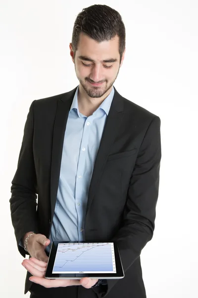 Portrét smějící se krasavec s tabletovým počítačem. Izolovaný — Stock fotografie