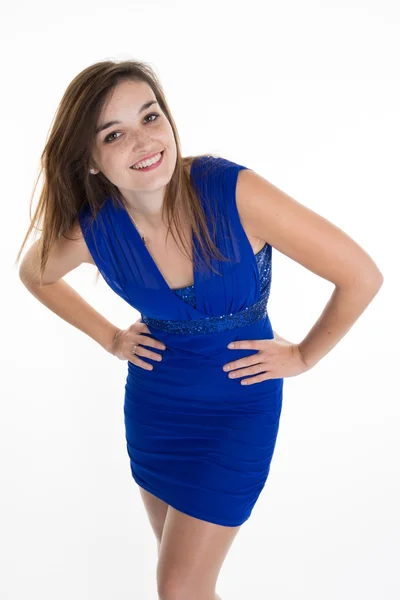 Bonito jovem mulher no azul vestido no branco — Fotografia de Stock