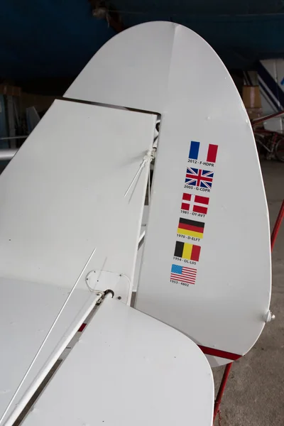 Skrzydła samolotu z flagami na nim — Zdjęcie stockowe