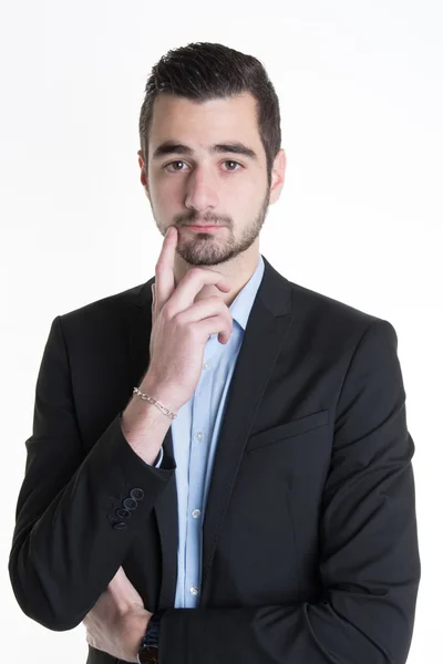 Όμορφος νεαρός επιχειρηματίας σκέφτεται, απομονωθεί σε λευκό φόντο. σειρά φωτογραφιών πορτρέτο. — Φωτογραφία Αρχείου