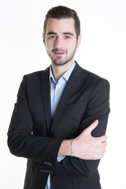 Beyaz arka plan üzerinde izole mutlu gülümseyen iş adamı portresi