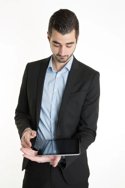 Šťastný muž podnikání pomocí tabletového počítače - izolovaný — Stock fotografie
