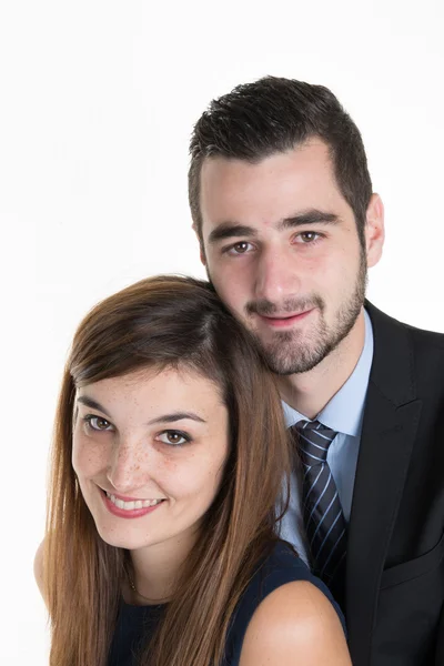 Casal atencioso abraçando e olhando para cima - isolado — Fotografia de Stock