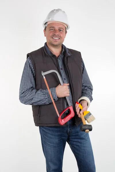 Male Construction Worker with  black hair in uniform tools - Isolated — Stock Photo, Image