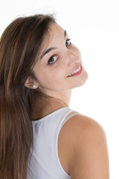 Excited woman looking sideways screaming of joy. Closeup of happy mixed race Asian Chinese / Caucasian female business woman isolated on white background. — Stock Photo, Image