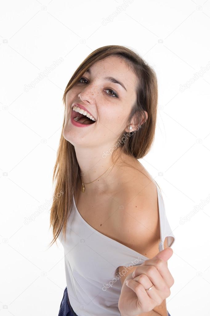 Pretty girl laughing hysterically isolated on white background