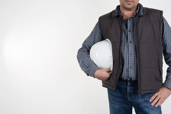 Under construction male worker, white helmet and copy space — Stock Photo, Image