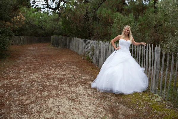 Молодая красивая невеста в свадебном платье и позирует на улице — стоковое фото
