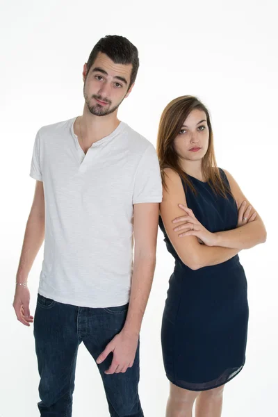 Jovem homem e menina em camisetas brancas isoladas no fundo branco — Fotografia de Stock
