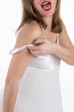 Şık elbiseli güzel seksi Bayan. Erkek iç giyim. 