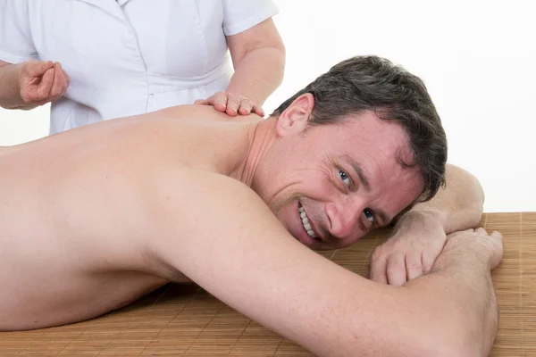 Happy and smiling man on acupuncture treatment , horizontal  portrait — Stock Photo, Image