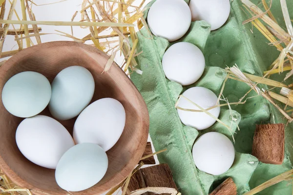 Eggs in nest on the nature, Fresh eggs for cooking — Stock Photo, Image