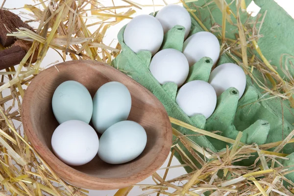 Выборочный фокус на яйцо, лежащее рядом с соломенным гнездом — стоковое фото