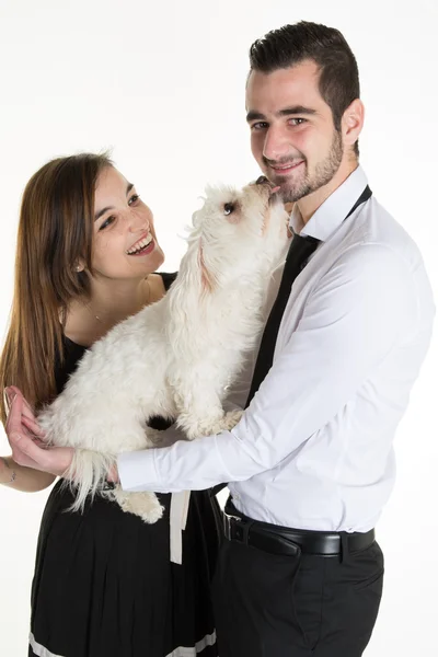 Mooie aantrekkelijke paar en hond samen, studio opname, witte achtergrond — Stockfoto
