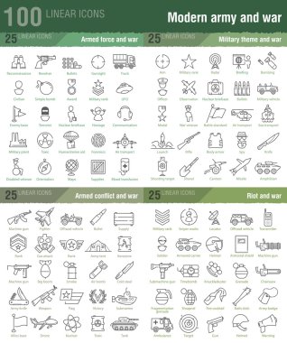 100 askeri için doğrusal simgeler, savaş ve silahlı çatışma infograp