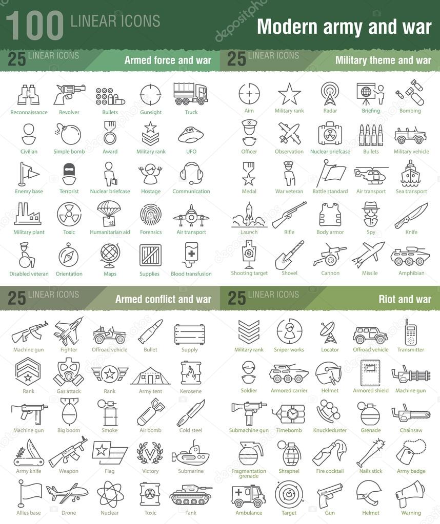 100 linear icons for military, war, and armed conflicts infograp