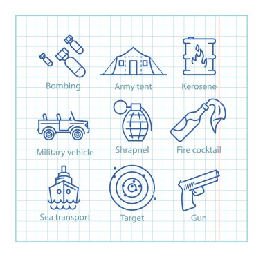 Askeri infographics, mobil gam vektör ince çizgi Icons set