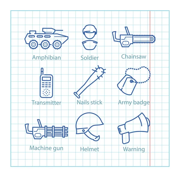 Vector thin line icons set for military infographics, mobile gam — Stock Vector