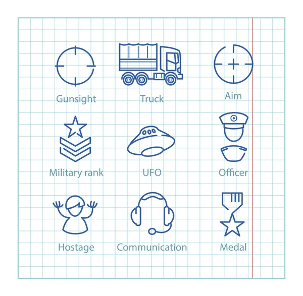 Icônes vectorielles de ligne mince réglées pour l'infographie militaire, gam mobile — Image vectorielle