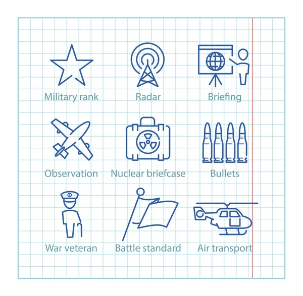 Serie icone a linea sottile vettoriale per infografica militare, mobile gam — Vettoriale Stock