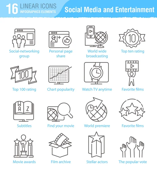 Varios medios sociales y entretenimiento vector delgada línea ic — Archivo Imágenes Vectoriales