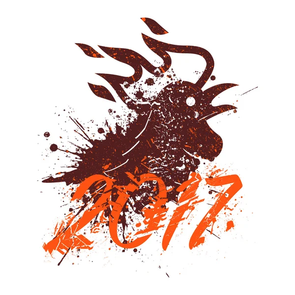 Vector Rooster with flame head in grunge graphic style. Chinese — Stock Vector