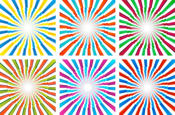 Vector set of colorful backgrounds with concentric lines and ray — Stock Vector